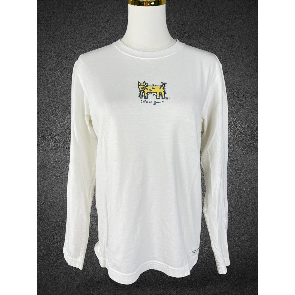 Life is Good Womens White Cotton Long Sleeve Holiday Dog Graphic Tee Shirt S